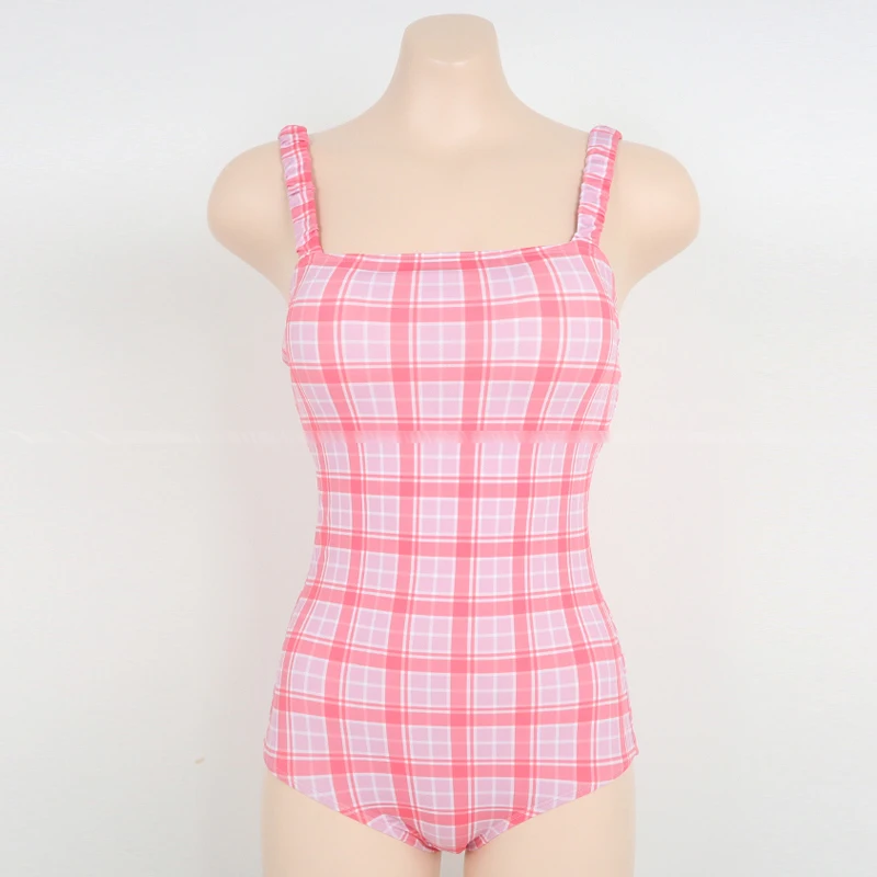 2023 Women One Piece Plaid Swimming Suit Sexy Korean Style Beach Wear Wide Strap Ladies Bathing Suit Bodysuit Padded Bikinis