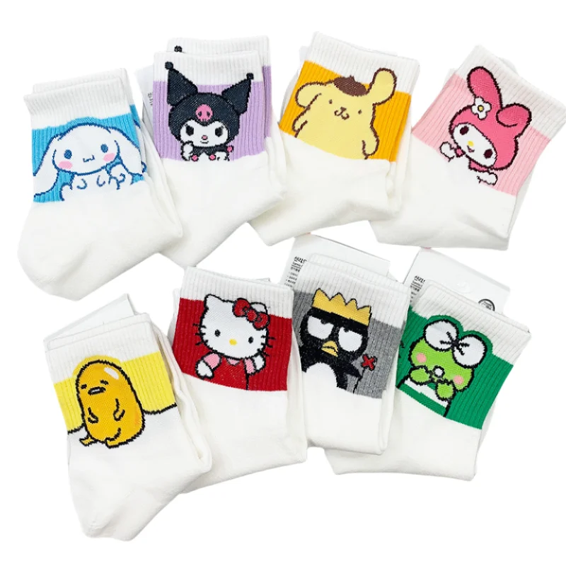 8 Pairs of Sanrio Hello Kitty Anime Cartoon Novelty Girl Socks Kuromi Melody Cute Sports Mid-tube Socks New Women's Short Socks