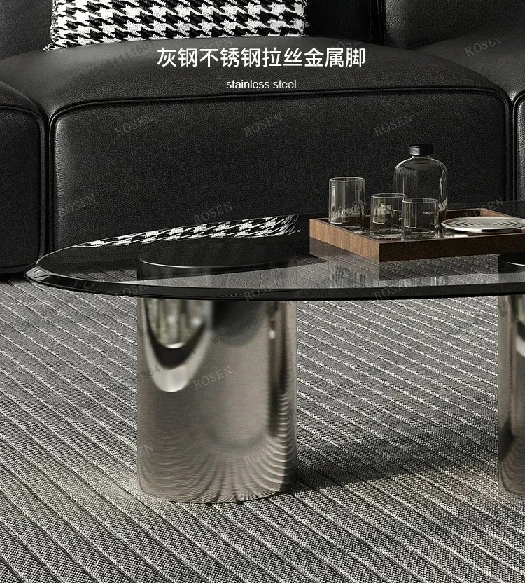 Nordic Antique Oval Black Tempered Glass Tea Table