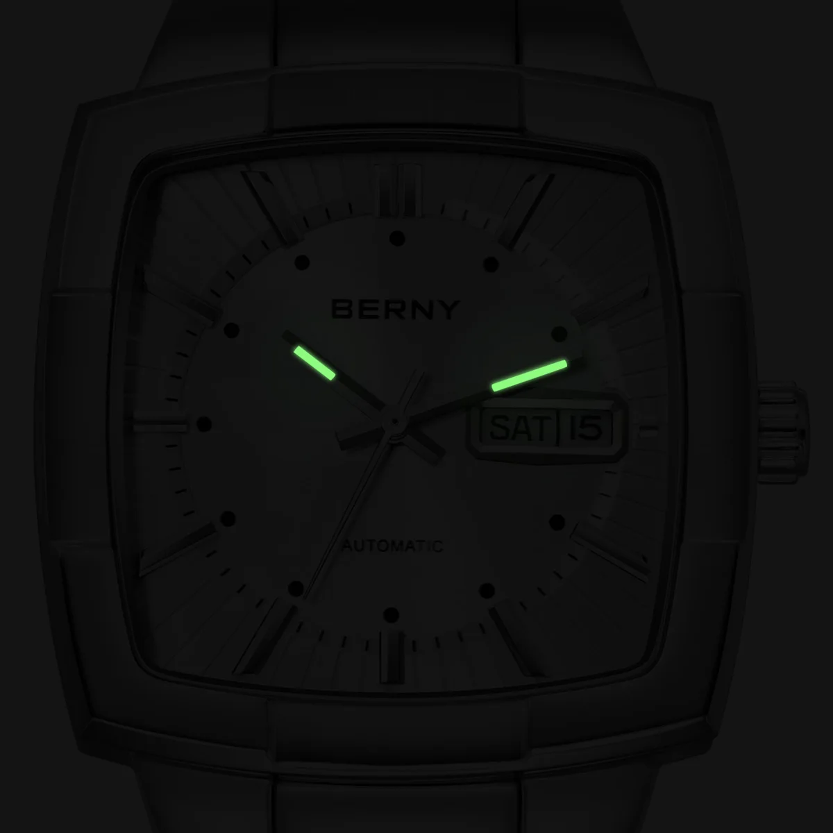 BERNY Automatic Men\'s Watch Self-wind Pillow Cushion Luminous Wristwatch for Men Stainless Steel Calendar Window Watch for Men