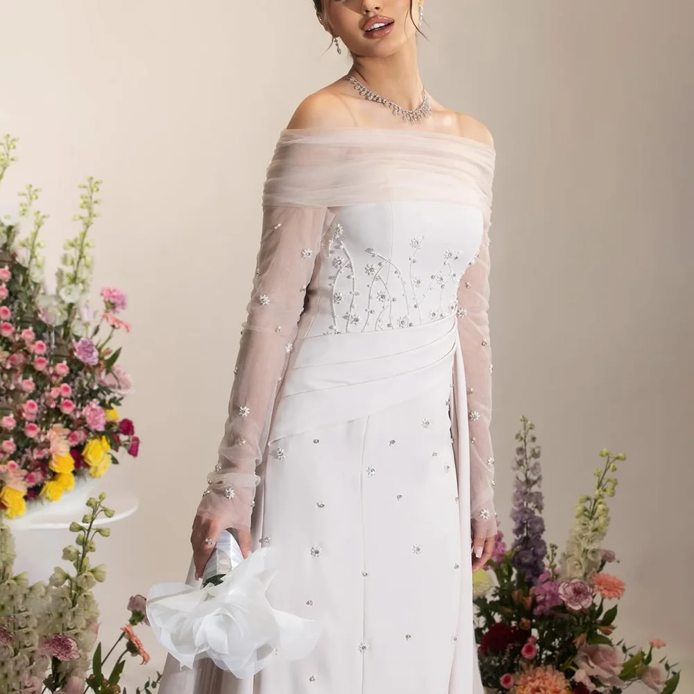 Robes de soirée de mariage élégantes col bateau manches longues perles robes de soirée exquises drapée balayage Train robe de soirée personnalisée