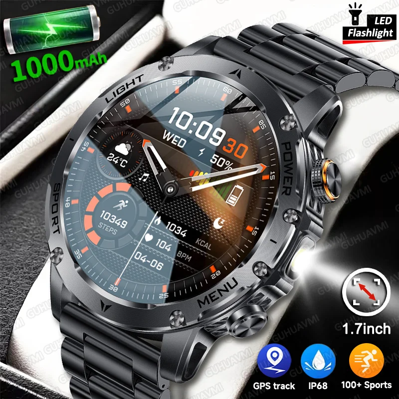 

Новые умные часы с GPS, Bluetooth-вызовом, IP68, водонепроницаемые, 1000 мАч, аккумулятор большой емкости, 1,7 дюйма, светодиодный фонарик AMOLED, спортивные умные часы для мужчин