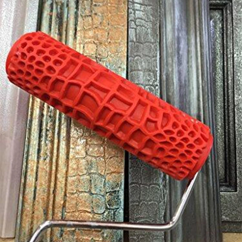 7" DIY Patterned Paint Roller Decorative Rubber Roller with Plastic Handle Red