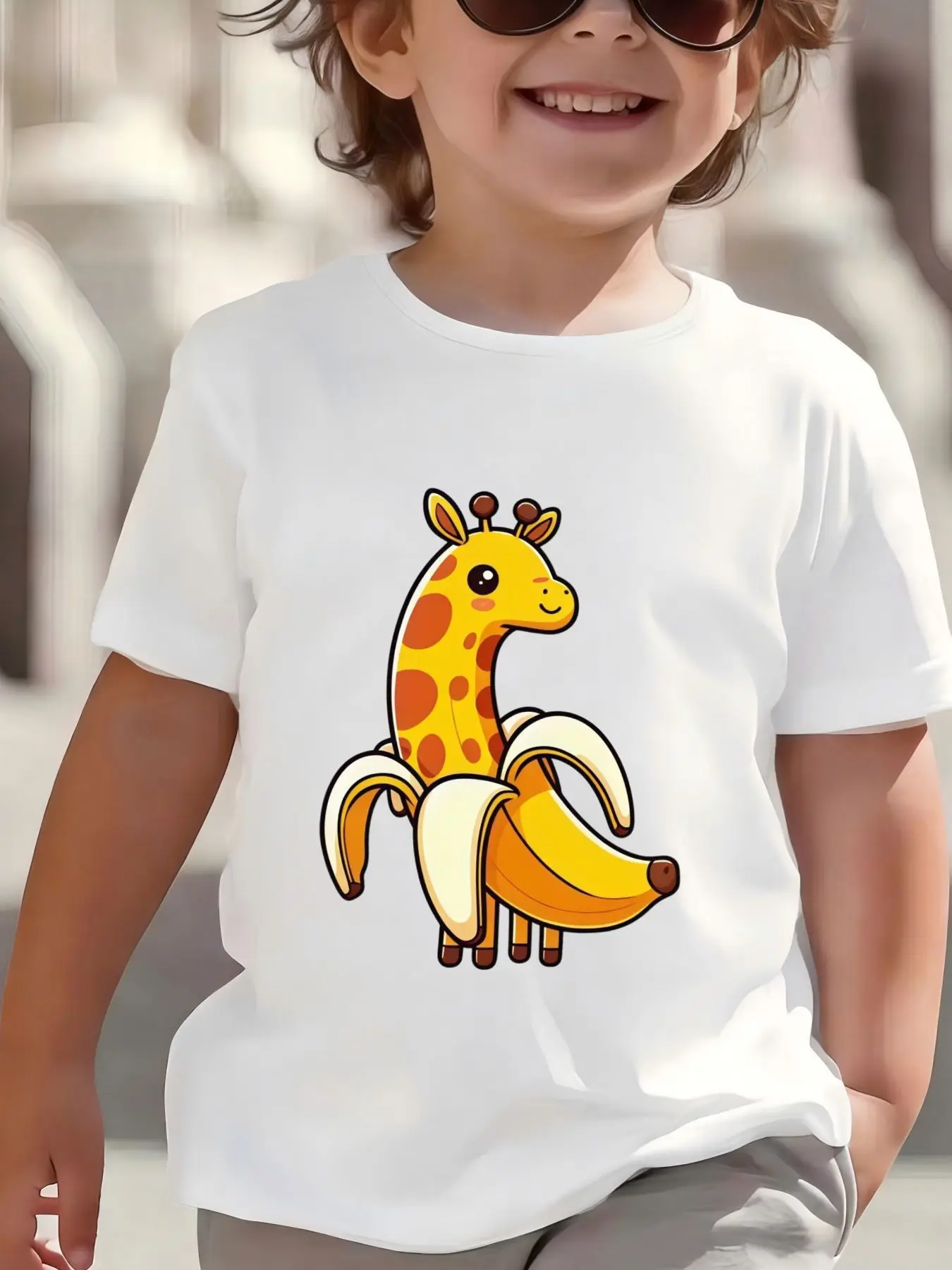 Kids Cute Banana Giraffe Graphic Tee Boys Girls Family Matching Short Sleeve Lovely Animal Cartoon Casual Daily Wear T Shirt