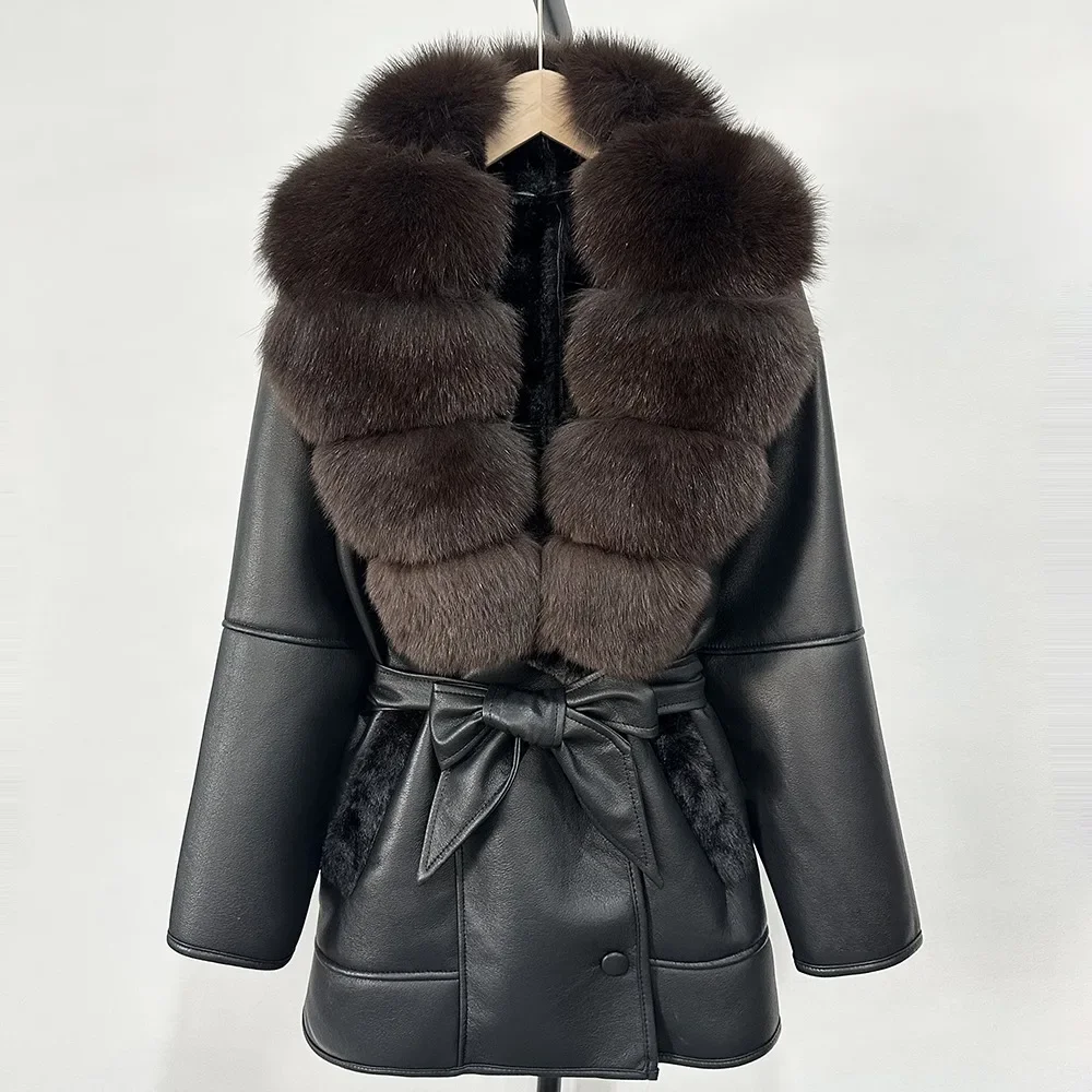 เสื้อแจ็คเก็ตขนแกะสไตล์เรโทร เสื้อโค้ทขนสุนัขจิ้งจอกแท้ แฟชั่นอุ่นๆ ปี 2025 สำหรับผู้หญิง ไซส์ใหญ่ หนา มีเข็มขัด เสื้อคลุมกันหนาวสำหรับฤดูหนาว เสื้อโค้ทขนสัตว์แท้สำหรับผู้หญิง