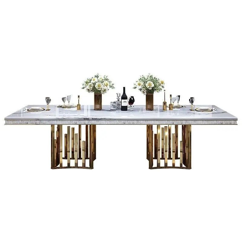 

Modern light luxury marble dining table and chairs combined with Hong Kong-style simple stainless steel large household use