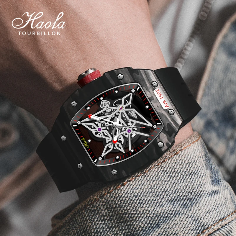 Haofa Skeleton Automatic Mechanical Watch for Men Luxury Carbon Fiber Case Sapphire Wristwatch Waterproof Fashion Business 1902