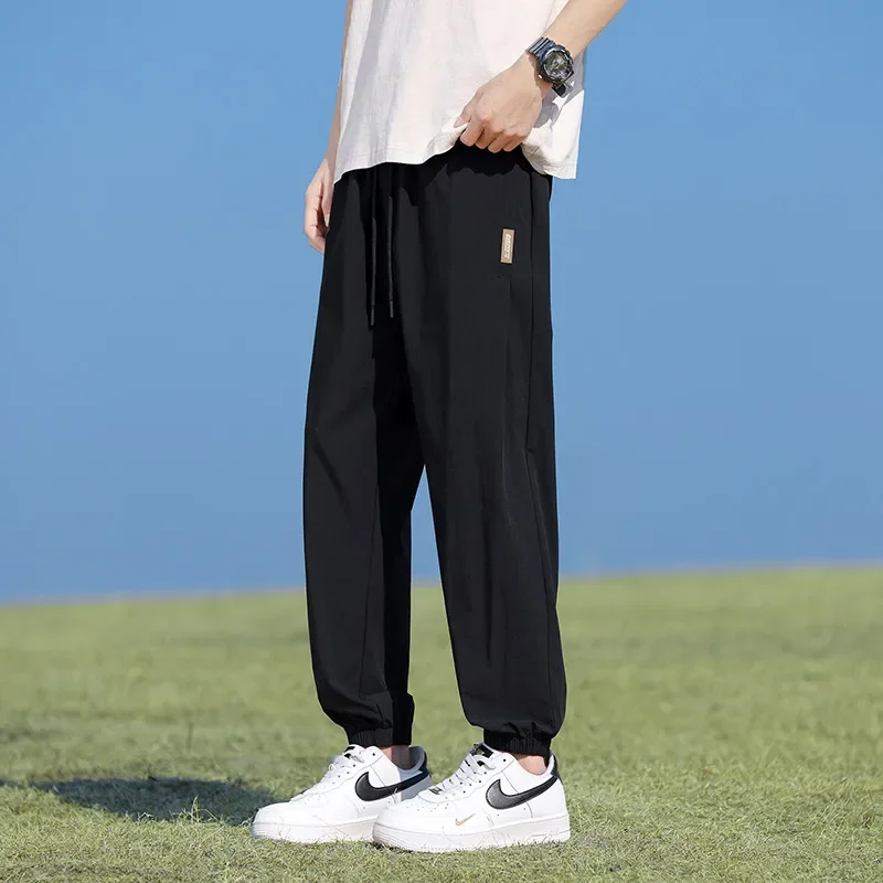 

New Arrival Men's Ice Silk Casual Pants with Feet Tie and Cool Feeling Korean Fashion Cropped Pants Quick Drying Sports Pants