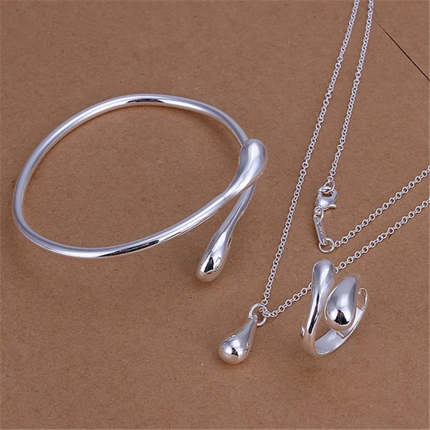 Popular brands 925 sterling Silver Water drop Pendant necklace bracelet rings bangle Jewelry set for women Fashion Party Gifts