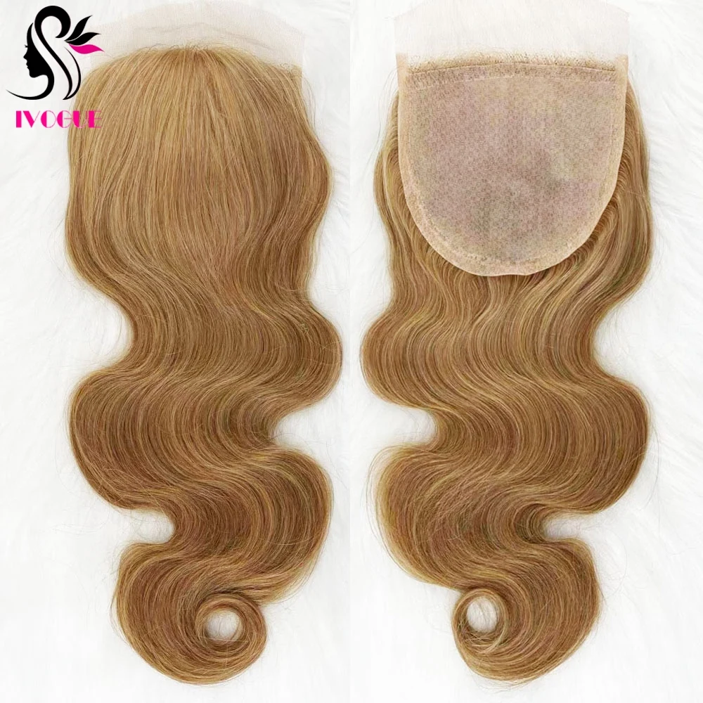 5x5 Honey Blonde Remy Human Hair Silk Base Closure Silicone Skin Top Lace Closure Body Wave Pre Plucked with Baby Hair Free Part