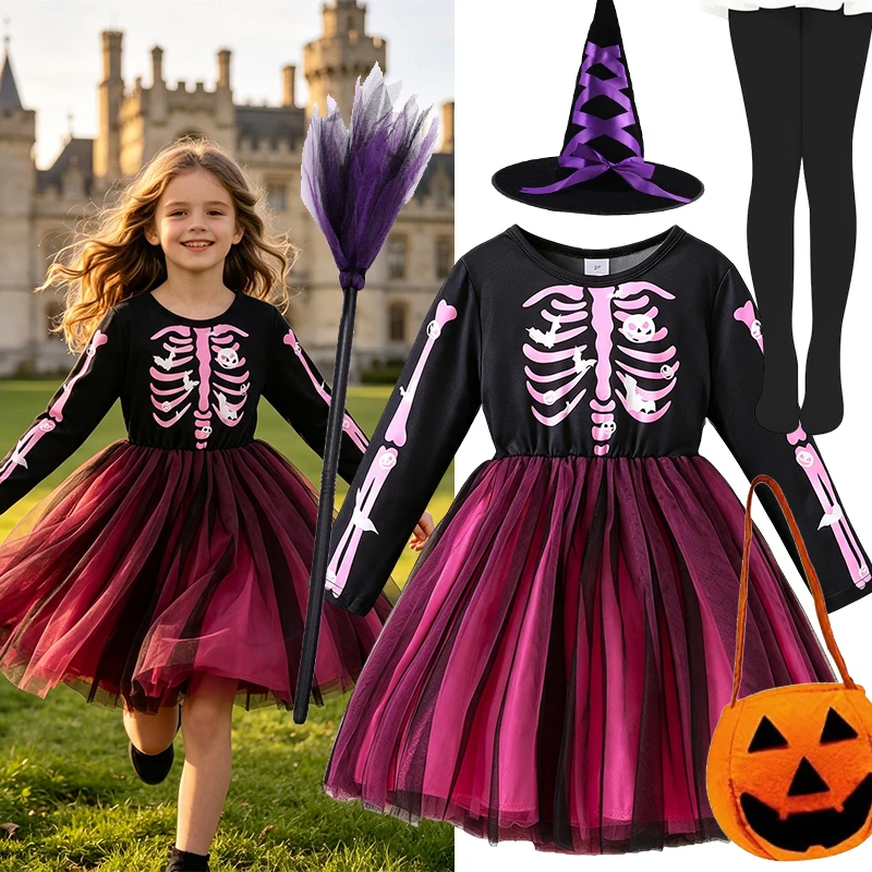 2026 Kids Girls Skeleton Print Witch Dress Long Sleeve Mesh Tutu Skirt With Hat Broom Halloween Carnival Role Play Costume