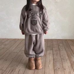 2024 Winter New Children Letter Print Fleece Sweatshirt + Sweat Pants 2pcs Suit Boys Girls Thick Warm Sports Set Kids Outfits