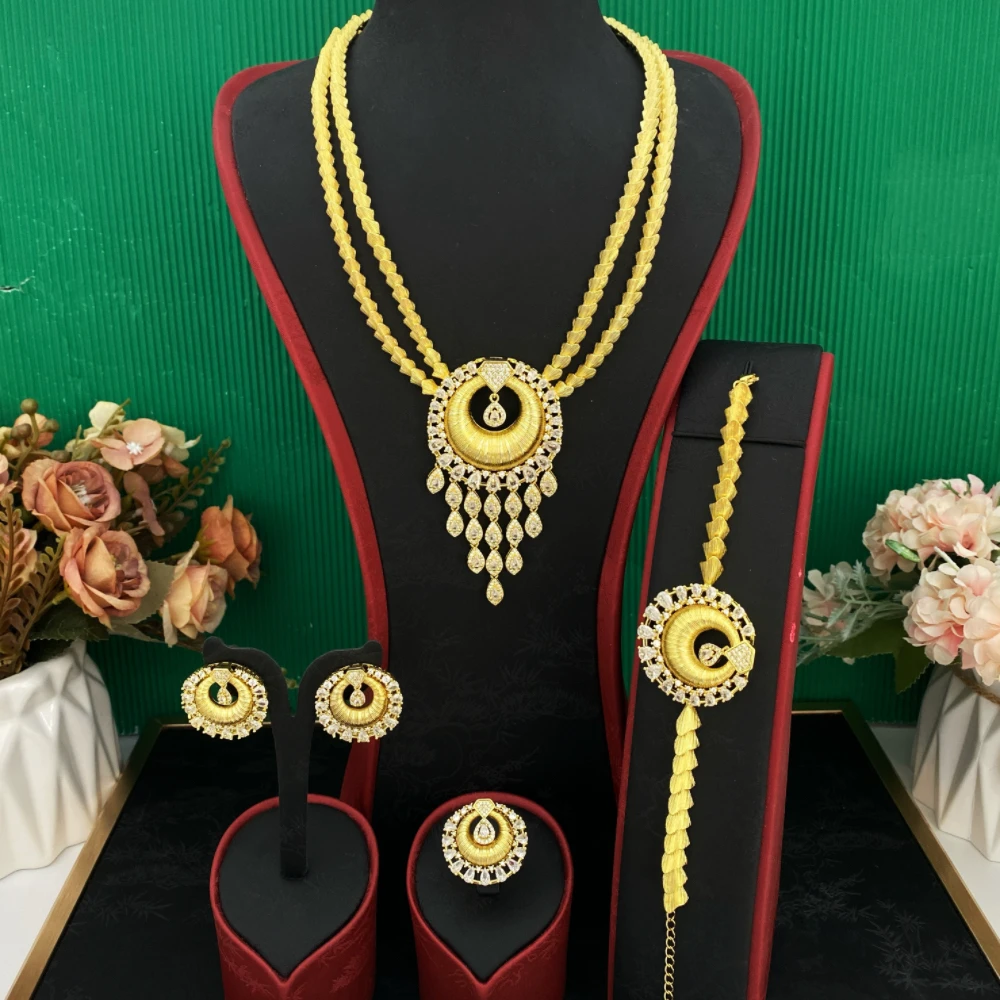 

JRH Middle East Wedding Banquet Women's Jewelry Set Gold-Plated Copper Artificial Zircon Bracelet Ring Necklace Earrings