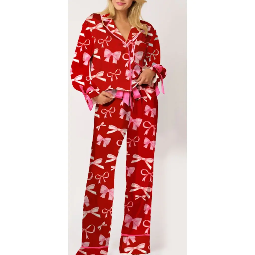 HEZIOWYUN Women Valentine's Day 2Piece Satin Pajamas Set Heart/Bow Print Tie up Cuffs Button Long Sleeve Shirt +Drawstring Pants