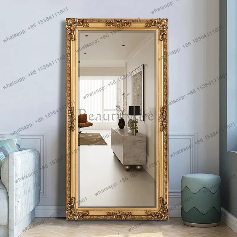 Vintage carved full-length mirror, home diagonal wall floor-to-ceiling French clothing store dressing fitting mirror
