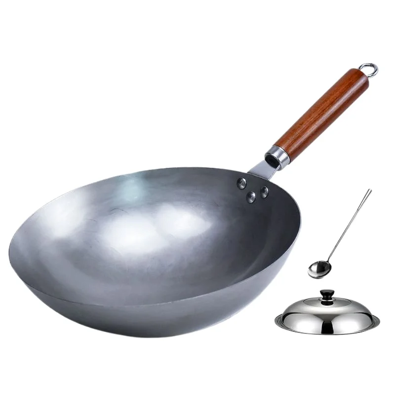 30/32/34cm Traditional iron wok,Non-coating Woks Hand forged For Kitchen PanWooden Handle Wok Kitchen Gas Pot Cookware