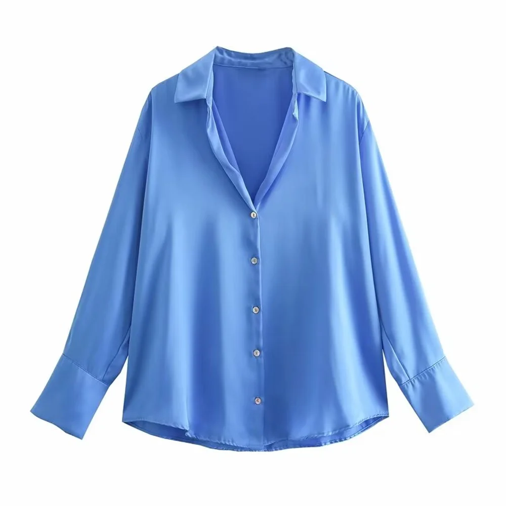 PB&ZA 2024 Spring New Women\'s Fashion and Elegance Casual Versatile Silk Satin Texture Shirt