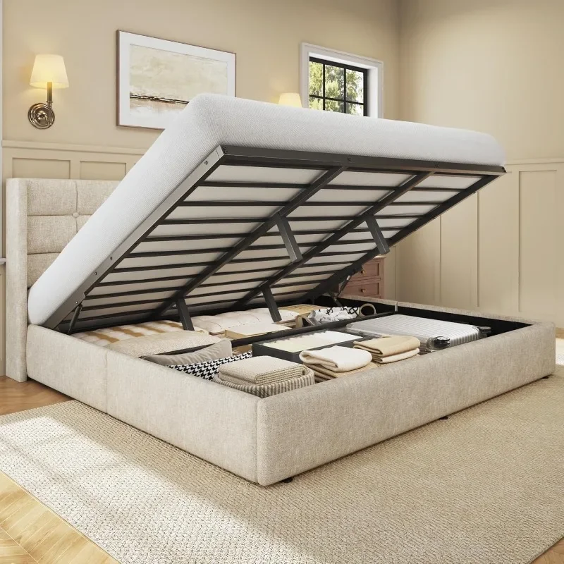 Base de Cama King Size HISOFT con Espacio de Almacenamiento, Cama de Plataforma Tapizada en Lino con Cabecera de Respaldo Alto
