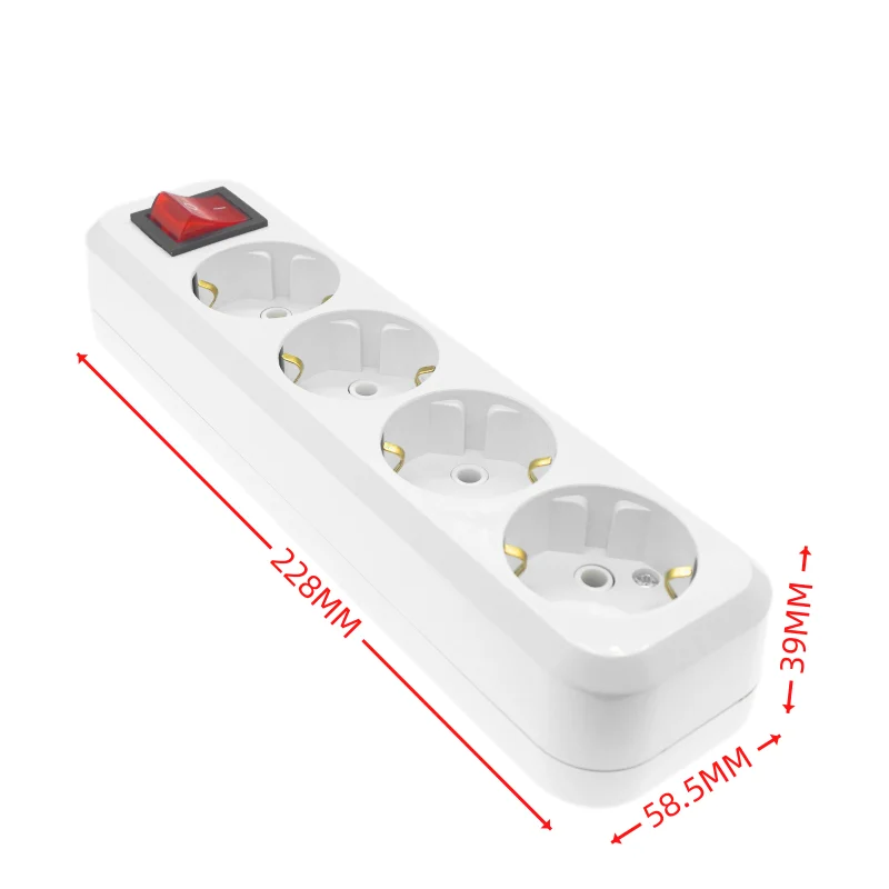 Europejskie 4-krotne gniazdo przedłużające z przełącznikiem/przedłużaczem elektrycznym 4-krotnym