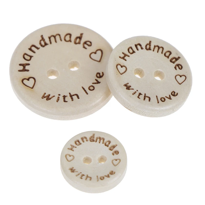 50pcs Handmade With Love Wooden Round Buttons With 2 Holes 3 Sizes -15/20/25mm