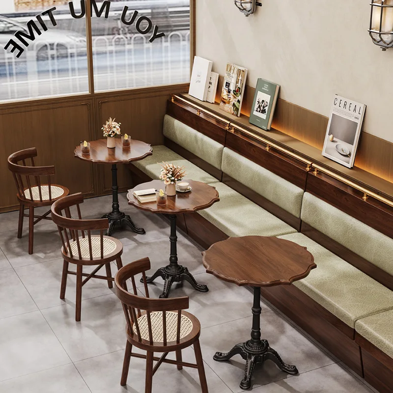 

New Chinese cafe solid wood table and chair combination retro bakery dessert shop casual rattan chair milk tea shop small round