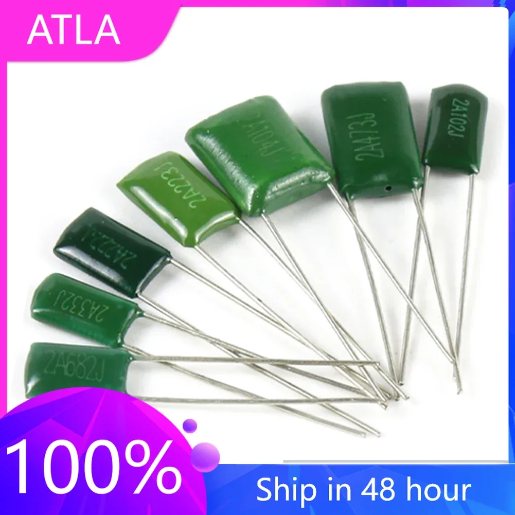 50pcs Polyester film capacitor 100V 1nF 1.5nF 2.2nF 100nF 2A471J 2A102J 2A152J 2A222J 2A392J 2A332J 2A472J 2A103J 2A473J 2A104J