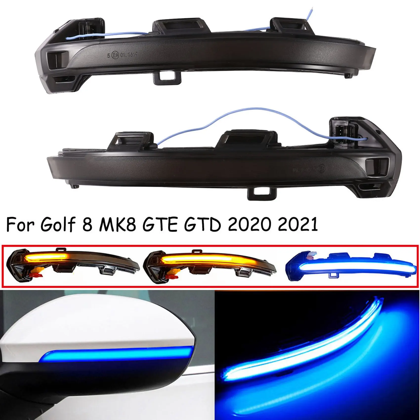 LED Dynamic Side Mirror Indicator, for Golf 8 MK8 GTE GTD 2020 2021 Rearview Turn Signal Flashing Lights, Blue&Amber