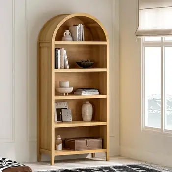 Image 71" Tall Arched Bookshelf, 5 Tier Bookcase with Adjustable Shelves Wood Storage Cabinet Freestanding Display Shelves for Living