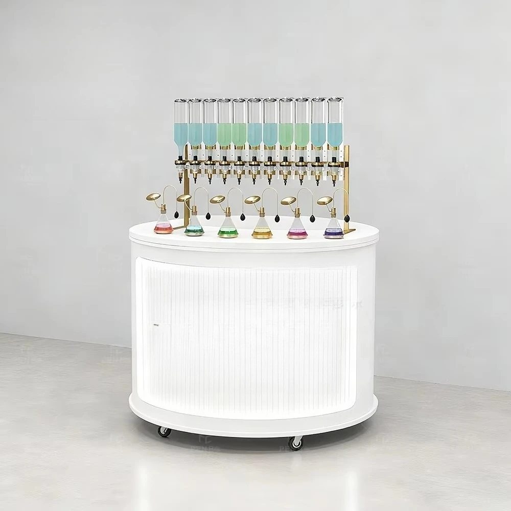 Round wooden perfume display cabinet Mobile perfume bar with bottle Small perfume booth design