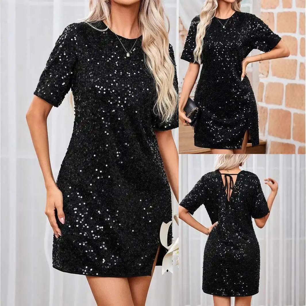 

Summer Women's Fashionable and Elegant Round Neck Short Sleeved Sequined Short Dress 2025 Summer Dress Robe Vestido Women Party