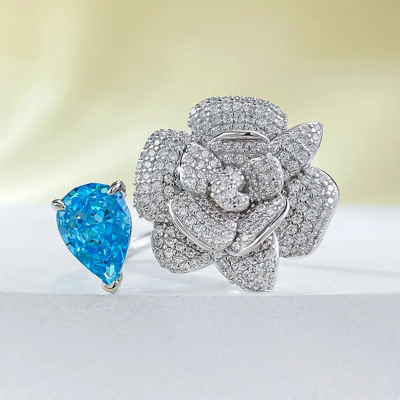 

S925 Silver Ring with Zircon Inlaid 7 * 10 Sea Blue Ice Flower Cut Fashion Versatile Ring Boutique Jewelry for Women