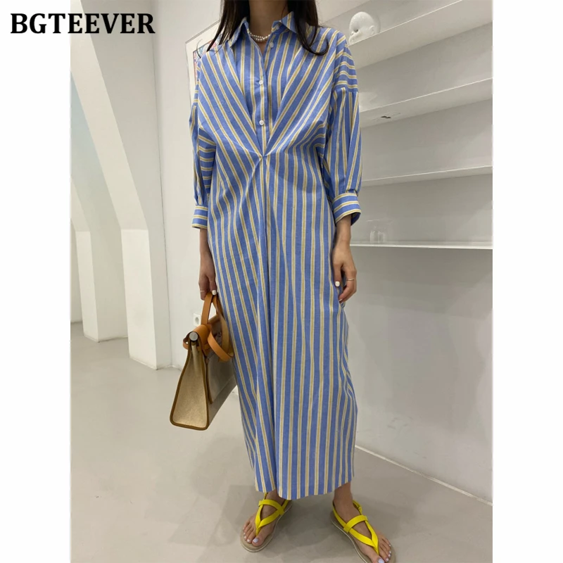 

BGTEEVER Spring Summer Fashion Women Patchwork Striped Dress Stylish Lapel Long Sleeve Single-breasted Female A-line Dress
