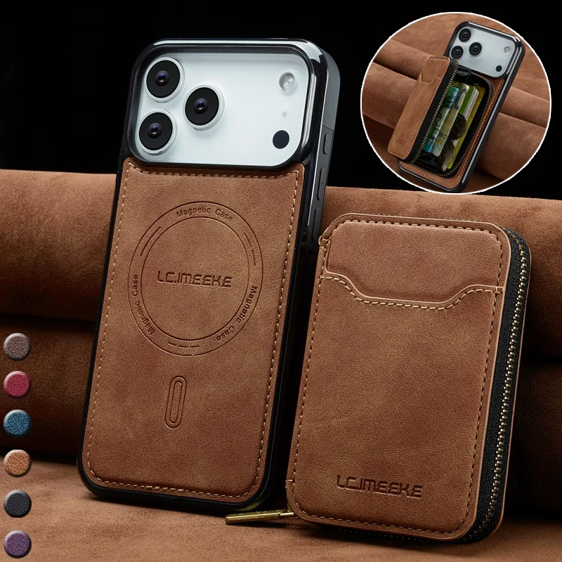 

Luxury Leather For Magsafe Wallet Phone Case For iPhone 17E 17 Air 16E 16 Pro Max 15 Plus 14 13 12 11 Zipper Cards Cover Hoesje