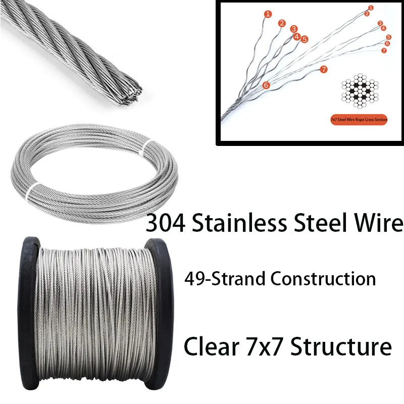 

304 Stainless Steel Wire Rope 7*7 0.3/0.4/0.45/0.5/0.6/0.8/1/1.2/1.5/1.8/2/2.5/3/4mm