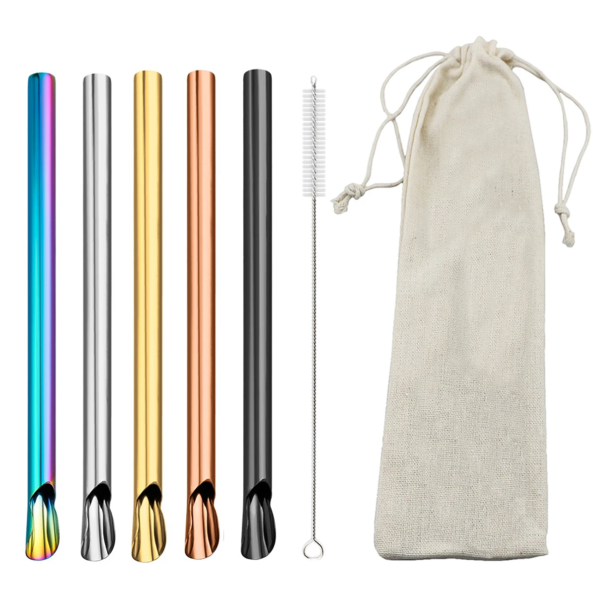 7pcs Reusable 304 Stainless Steel Straw Set Pearl Milkshake Bubble Tea Straw with Brush Bag Stirring Smoothie Spoon Shaped Straw