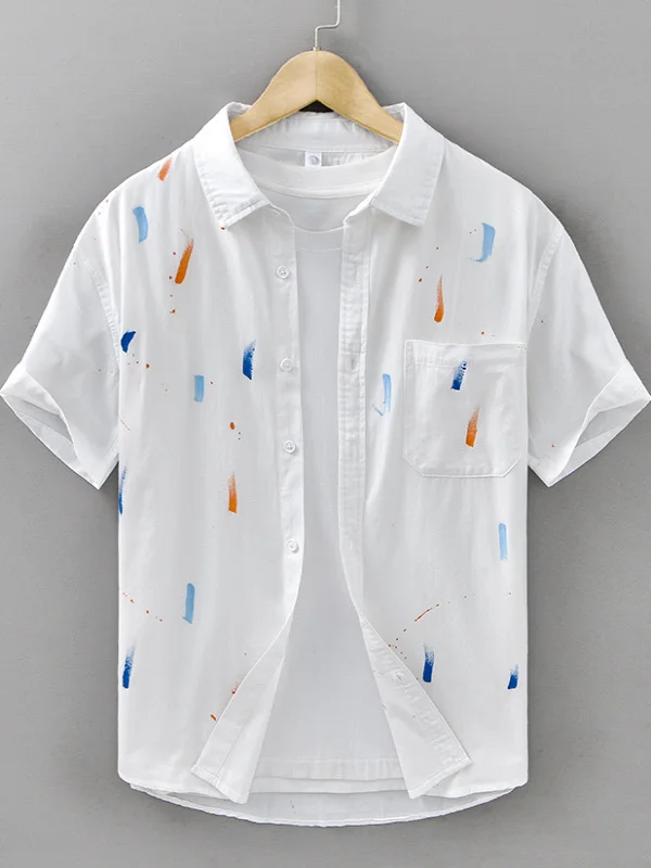 

Summer Men's Cotton Shirt Short Sleeve Loose Print Casual Fashion Design Turn-down Collar Button-up Thin Youth Popular