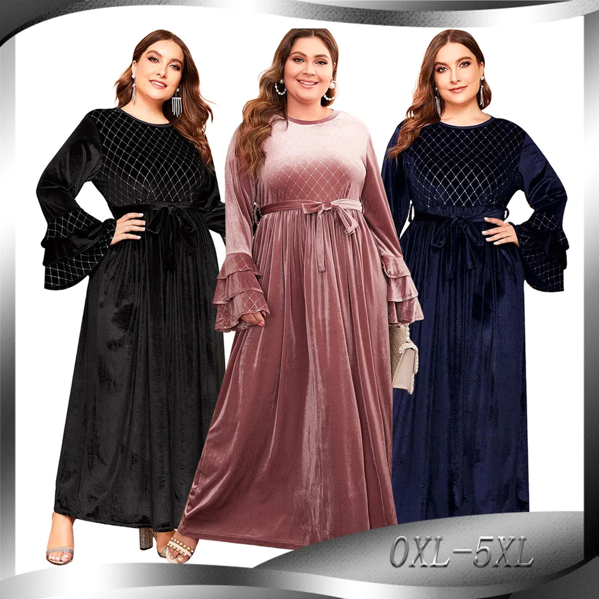 Plus-size Dress for Women Velvet Muslim Fashion Dubai Abaya Long Dresses Women with Sashes Islam Clothing Abaya African Musulman