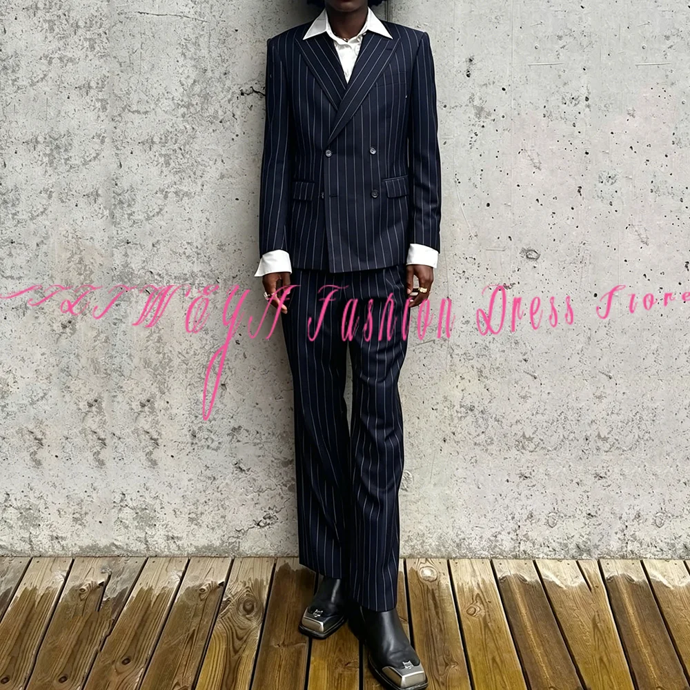 Business Casual Stripe Men's Suit Set 2 Pieces Jacket Pants Social Party Work Commute Men Pants Suits Wedding Groom Tuxedo