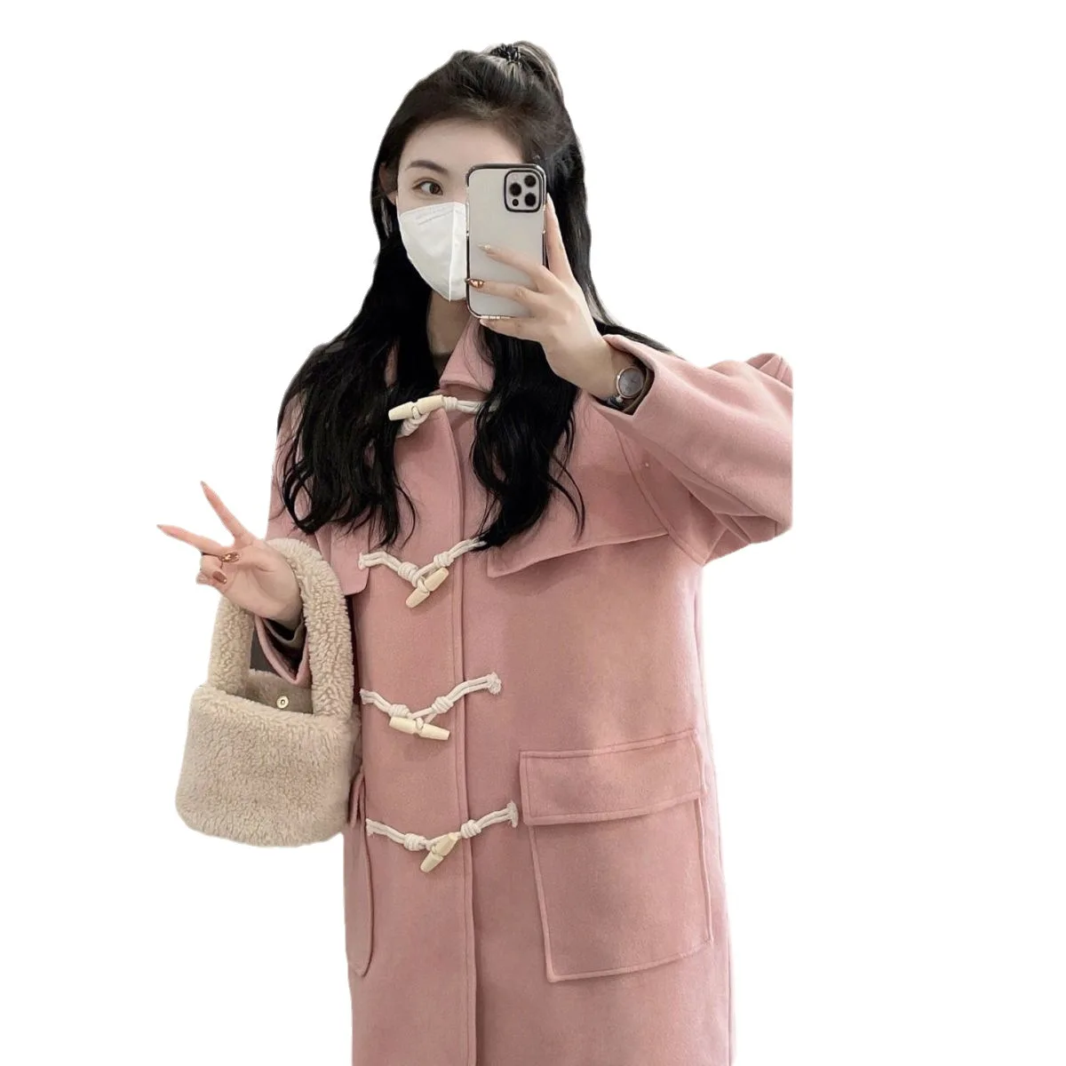 Pink Woolen Coat Women\'s Mid-length Winter New Style Japanese Style Loose Thickened Woolen Coat Horn Button For Small People