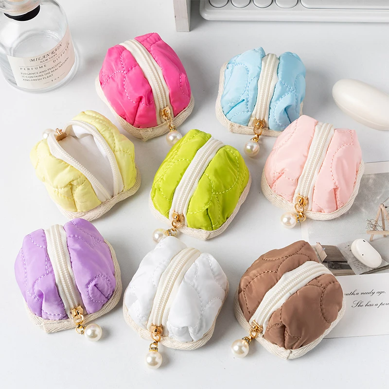 Simple Quilted Cotton Earphone Case Coin Purse Solid Color Earphone Storage Bag Travel Lipstick Cosmetics Bag Mini Wallet