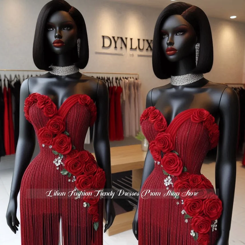 Vestido de cóctel rojo sin tirantes personalizado, vestido de fiesta Floral 3D, vestido de fiesta con flecos, vestido de noche para ocasiones especiales, vestido de fiesta