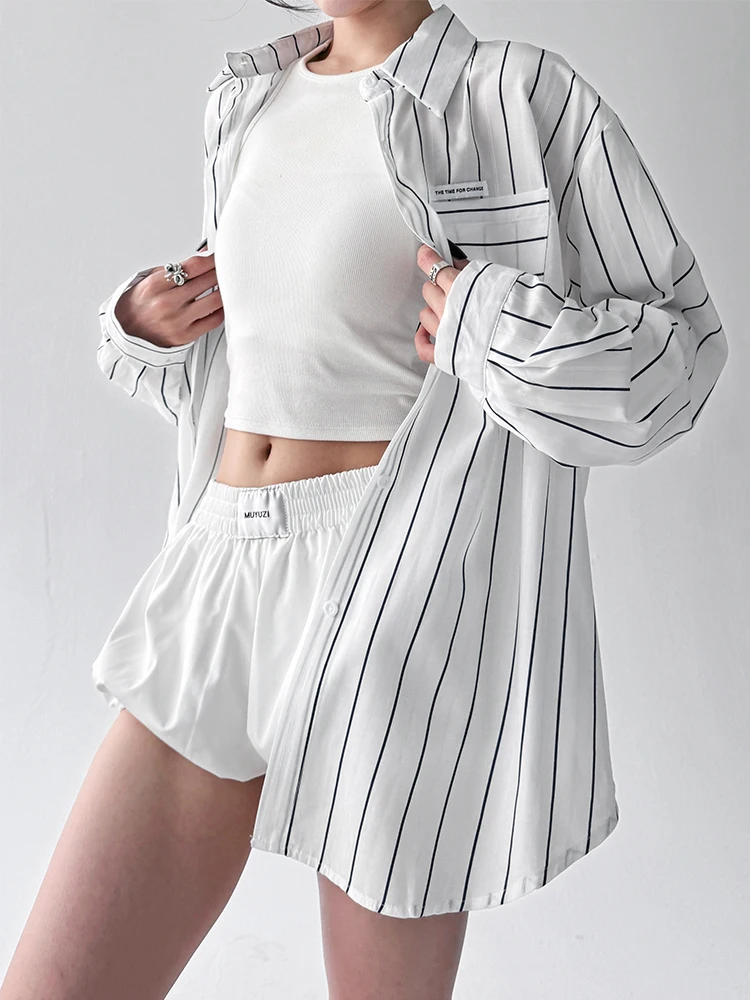 Zomer 2025, dames casual gestreepte zonbescherming irt losse lange Sve-kraag polyester katoenmix bovenkleding top