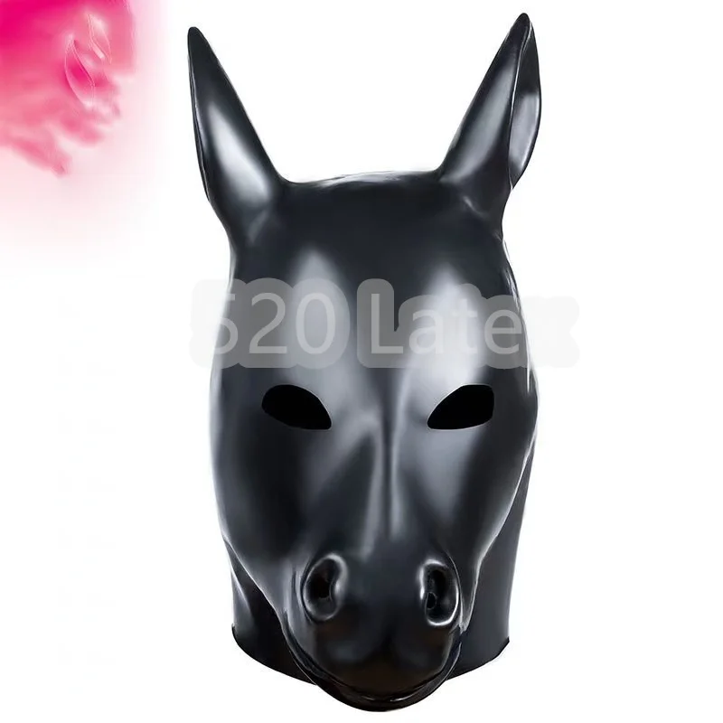 Hot 3D mould black Latex Horse hood fetish animal mask with Back zipper 0.6mm Full Head Animal Hood Mask