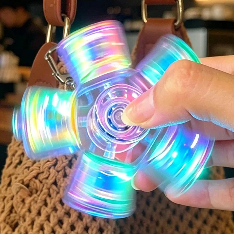 Chaveiro Giratório Fidget Spinner com Teclado, Eixo Mecânico, Luz LED, Clicker de Cristal, Alívio do Estresse, Terapia Sensorial para Dedos
