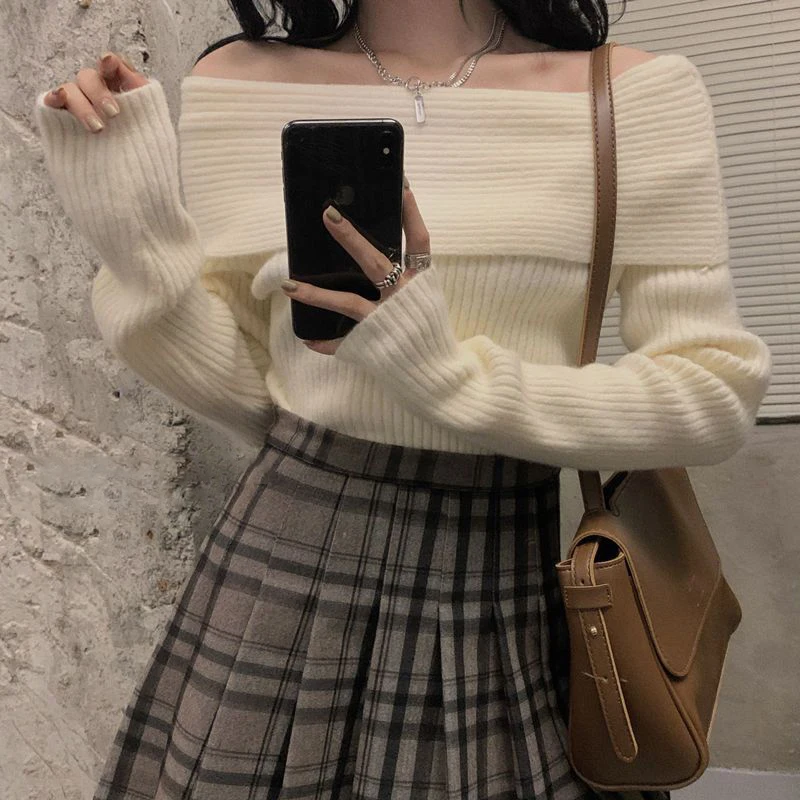 Knitted Sweater Women Pullovers Vintage Slim Off Shoulder Slash Neck Jersey Jumper Female Autumn Winter Thicken Soft Sweaters