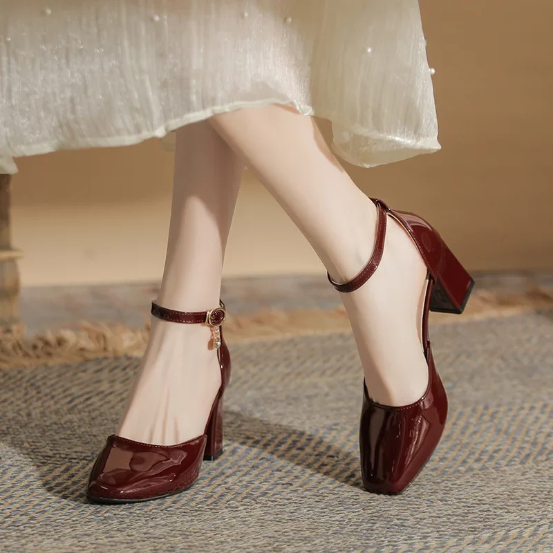 Size 30-43 Square Toe Block Heel Buckl High Heel Women Shoes Ankle Strap Patent Leather Dress Shoes