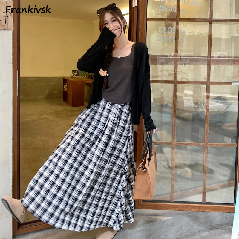 

Skirts for Women Ankle-length Sweet Students Fashion A-line Plaid High Waist Simple Summer Korean Style Commuting Casual Cozy