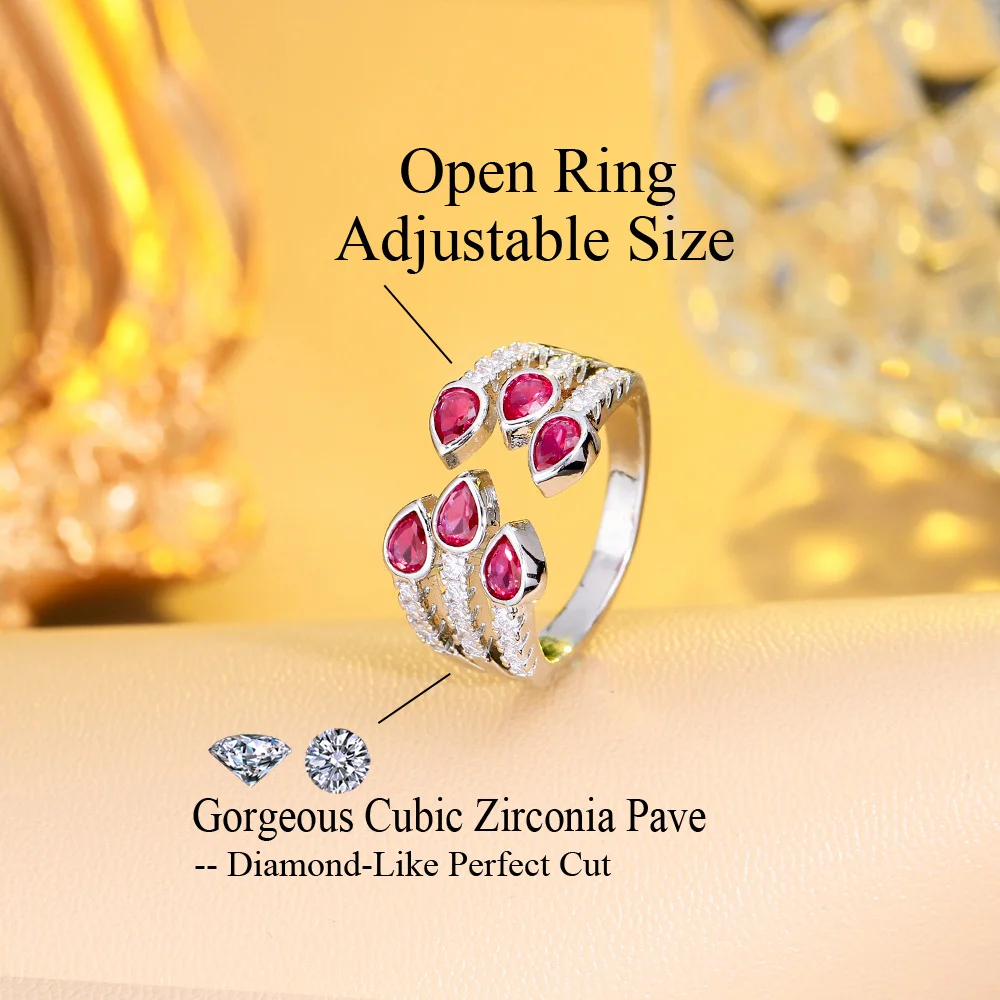 CWWZircons Pretty Multi Layer Pink Red Cubic Zirconia Claws Open Cuff Rings for Women Trendy CZ Ladies Engagement Jewelry R261