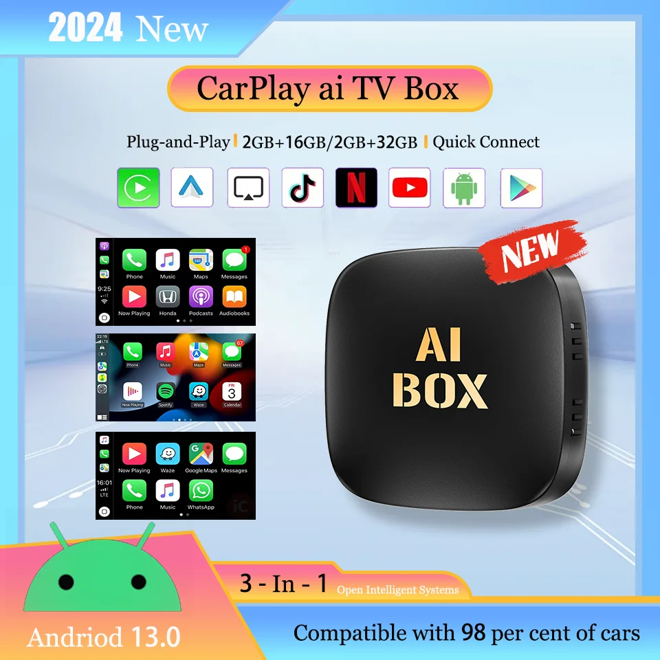 Car Smart TV Box Android13 Wireless Apple Carplay&Android Auto Adapter Built-in Google App Store Youtube Nexflit Plug & Play