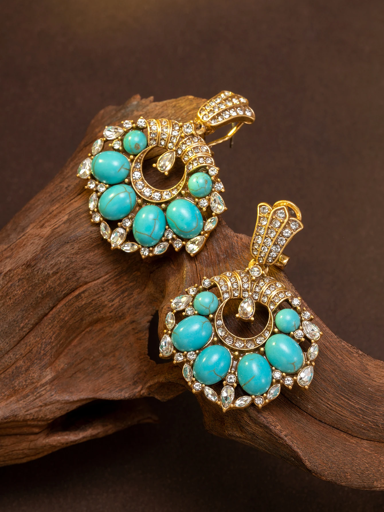 Vintage Distressed Gold and Blue Turquoise Diamond-Studded Statement Earrings
